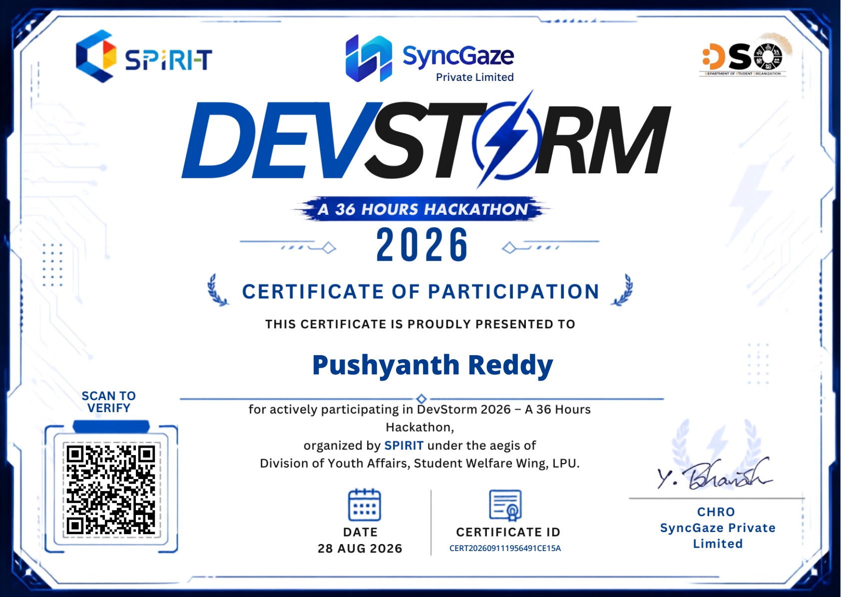 Certificate of Participation for Pushyanth Reddy