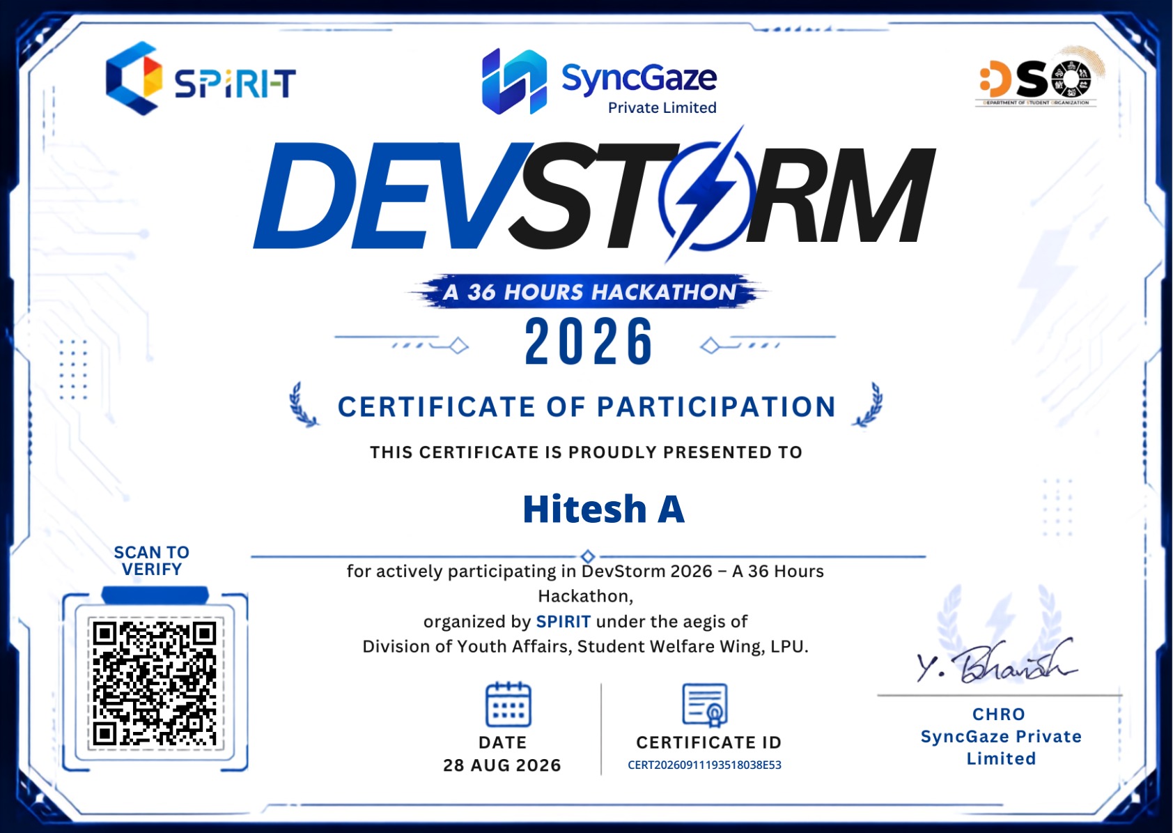 Certificate of Participation for Hitesh A