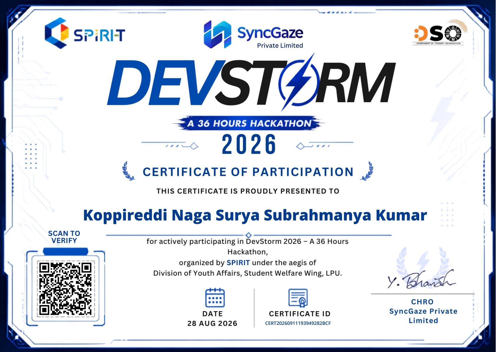 Certificate of Participation for Koppireddi Naga Surya Subrahmanya Kumar